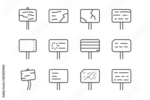 Faded Sign Icons. Faded sign. Line icon set of faded sign: weathered street sign, peeling paint icon, cracked surface, rusted metal edge, blurred letters,