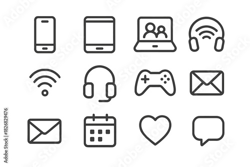 Family Digital Icons. Family digital life. Line icon set of family digital life: smartphone, tablet, laptop, video call, wifi, headphones, gaming controller,