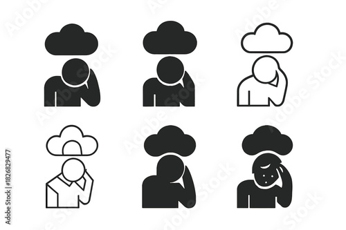 Emotional Exhaustion Icons. Emotional exhaustion. Icon set. Set Logo of emotional exhaustion: person with heavy thoughts cloud. harmonious logo variations of