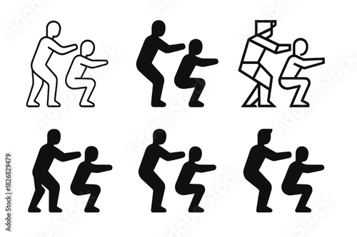 Squat Form Logos. A personal trainer demonstrating a workout move for a client. Icon set. Set Logo of a personal trainer demonstrating a workout move for a