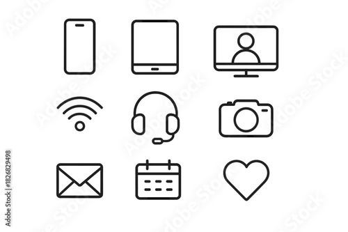 Family Digital Icons. Family digital life. Line icon set of family digital life: smartphone, tablet, laptop, video call, wifi, headphones, gaming controller,