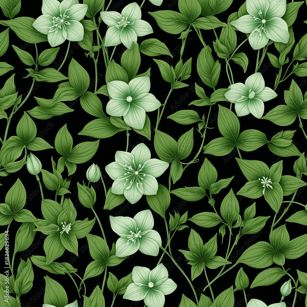 Fototapeta premium Seamless dogwood flowers floral seamless pattern with pale green blossoms and lush leaves on black background for wallpaper and textile - AI generated