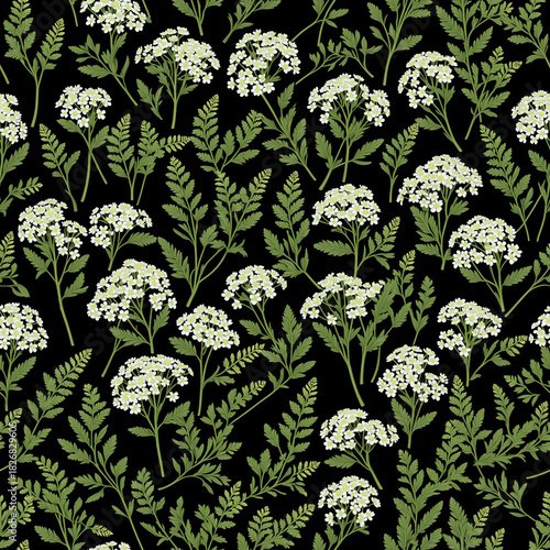 Seamless yarrow floral seamless pattern with white umbels and ferny foliage on black background for refined surface design - AI generated