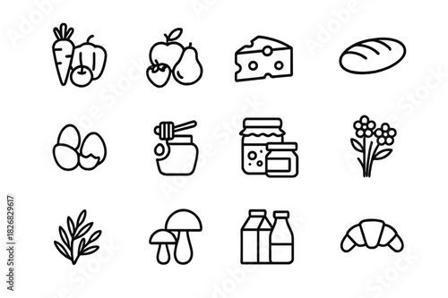 Farm-to-Table Icons. Farm-to-Table Goods. Line icon set of Farm-to-Table Goods: fresh vegetables, seasonal fruits, cheese, bread, eggs, honey, jams, flowers,