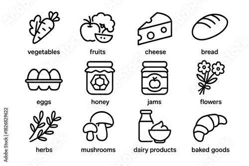 Farm-to-Table Icons. Farm-to-Table Goods. Line icon set of Farm-to-Table Goods: fresh vegetables, seasonal fruits, cheese, bread, eggs, honey, jams, flowers,