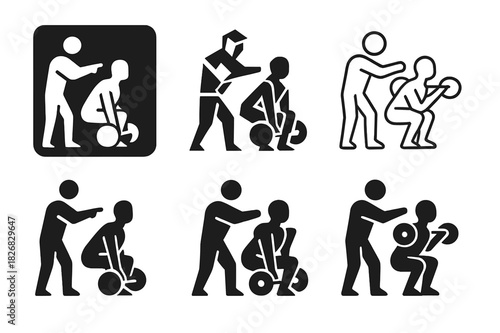 Workout Logo Variations. A personal trainer demonstrating a workout move for a client. Icon set. Set Logo of a personal trainer demonstrating a workout move