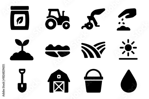 Farming Icons Set. Farming Seeds. Solid icon set of Farming Seeds: seed bag, tractor, plow, hand, sprout, soil, field lines, sun, shovel, barn, bucket, water