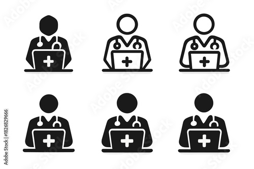 Doctor Logo Variations. Doctor working at a hospital desk. Icon set. Set Logo of doctor working at a hospital desk: laptop with medical cross. harmonious logo