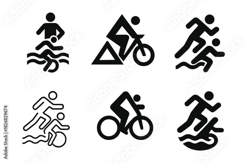 Triathlon Logo Variations. Triathlon. Icon set. Set Logo of triathlon: athlete transitions between sports. harmonious logo variations of the same emblematic