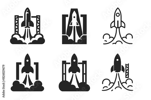 Fototapeta Naklejka Na Ścianę i Meble -  Futuristic Spacecraft Logos. The launch of a spacecraft from a futuristic launch pad. Icon set. Set Logo of the launch of a spacecraft from a futuristic launch