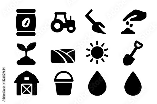 Farming Icons Set. Farming Seeds. Solid icon set of Farming Seeds: seed bag, tractor, plow, hand, sprout, soil, field lines, sun, shovel, barn, bucket, water
