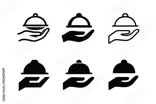 Diverse Hostess Icons. Hostess. Icon set. Set Logo of Hostess: open hand offering service. harmonious logo variations of the same emblematic concept, each with