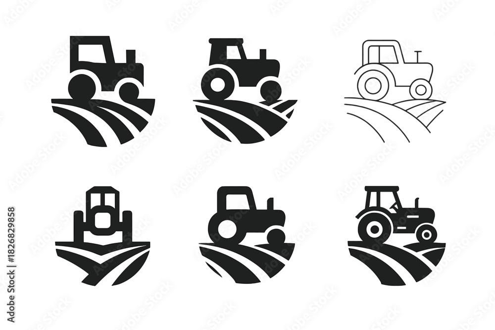 Obraz premium Tractor Logo Variations. Tractor. Icon set. Set Logo of Tractor: Tractor Plowing Field. harmonious logo variations of the same emblematic concept, each with