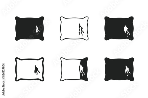 Ragged Pillow Icons. Ragged pillow. Icon set. Set Logo of ragged pillow: pillow tear and threads. harmonious logo variations of the same emblematic concept,