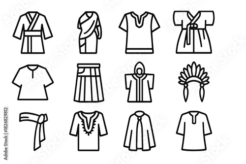 Traditional Clothing Icons. Traditional Clothing. Line icon set of Traditional Clothing: kimono, sari, dashiki, hanbok, poncho, kilt, ceremonial