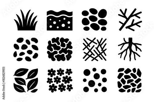 Field Texture Icons. Field textures. Solid icon set of Field textures: grass, soil, pebbles, twigs, fallen petals, moss, hay, roots, leaves, flower carpet, dew