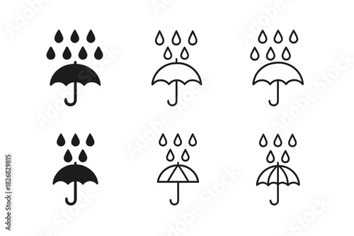 Rain Logo Variations. Rain. Icon set. Set Logo of rain: umbrella under droplets. harmonious logo variations of the same emblematic concept, each with different