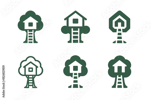 Playhouse Logo Variations. Outdoor playhouse. Icon set. Set Logo of outdoor playhouse: treehouse with ladder. harmonious logo variations of the same emblematic