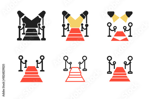 Film Festival Logos. Film festivals. Icon set. Set Logo of film festival: red carpet and spotlight. harmonious logo variations of the same emblematic concept,