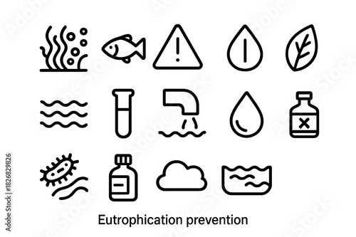 Eutrophication Prevention Icons. Eutrophication prevention. Line icon set of eutrophication prevention: algae bloom, fish, warning sign, leaf, water wave, test