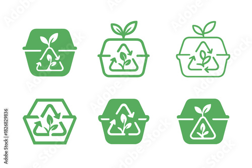 Plastic-Free Icon Set. Plastic Alternatives. Icon set. Set Logo of Plastic Alternatives: biodegradable container symbol. harmonious logo variations of the same