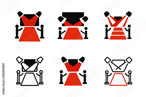 Film Festival Logos. Film festivals. Icon set. Set Logo of film festival: red carpet and spotlight. harmonious logo variations of the same emblematic concept,