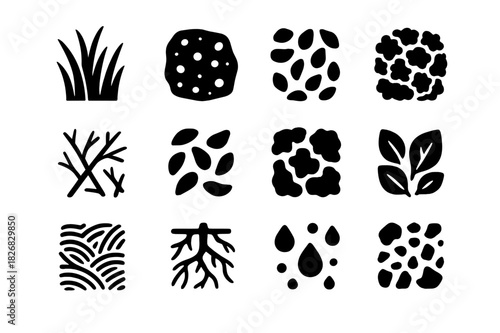 Field Texture Icons. Field textures. Solid icon set of Field textures: grass, soil, pebbles, twigs, fallen petals, moss, hay, roots, leaves, flower carpet, dew