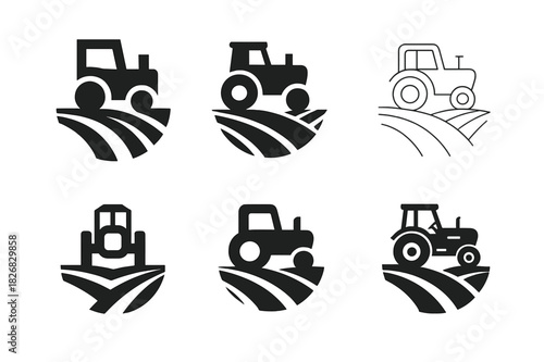 Tractor Logo Variations. Tractor. Icon set. Set Logo of Tractor: Tractor Plowing Field. harmonious logo variations of the same emblematic concept, each with