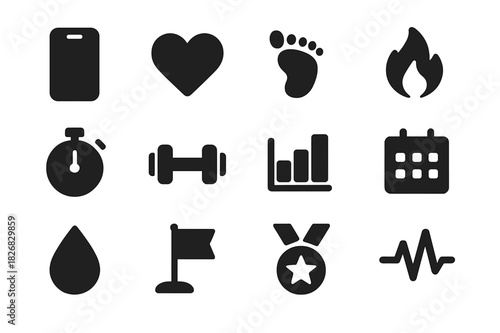 Fitness App Icon Set. Fitness App UI. Solid icon set of Fitness App UI: phone, heart, step counter, flame, stopwatch, dumbbell, chart, calendar, water drop,