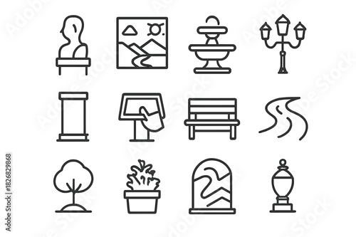 Outdoor Art Icons. Outdoor Art. Line icon set of Outdoor Art: sculpture, mural, fountain, street lamp, pedestal, interactive display, bench, pathway, tree,