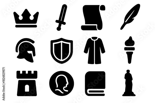 Historical Icons Grid. Historical Characters. Solid icon set of Historical Characters: crown, sword, scroll, quill pen, helmet, shield, robe, torch, castle