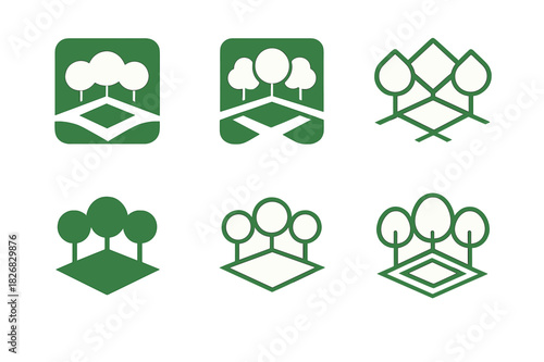 Town Square Logo Variations. town square. Icon set. Set Logo of town square: plaza with trees and walkways. harmonious logo variations of the same emblematic