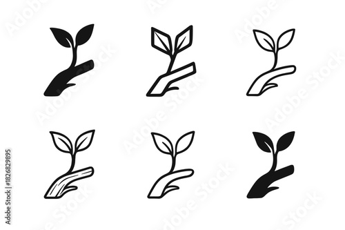 Regeneration Logo Variations. regeneration. Icon set. Set Logo of regeneration: new leaf on old branch. harmonious logo variations of the same emblematic