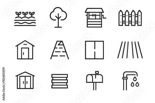 Agricultural Icons Set. Agricultural plot. Line icon set of Agricultural plot: garden bed, tree, water well, fence, shed, pathway, parcel boundary, crop rows,