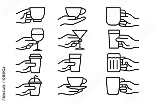 Cup Holding Icons. Holding a Cup. Line icon set of Holding a Cup: hand holding coffee cup, hand holding tea cup, hand holding mug, hand holding wine glass,