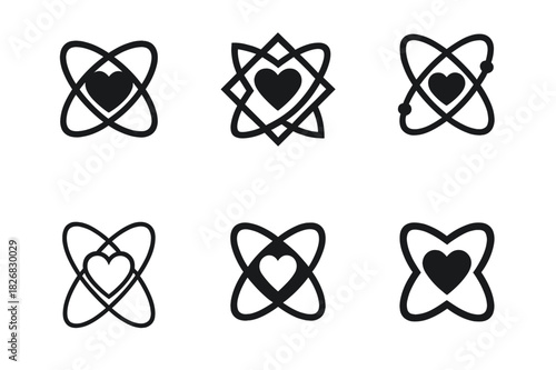 Serendipity Icon Set. The science of serendipity. Icon set. Set Logo of serendipity: orbiting atoms and heart. harmonious logo variations of the same