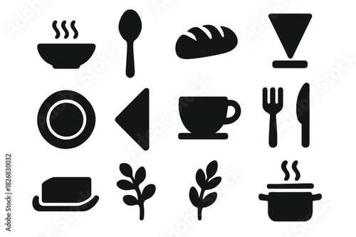 Dinner Table Icons. Dinner Table. Solid icon set of Dinner Table: soup bowl, spoon, bread, plate, napkin, cup, fork, knife, butter, herbs, pot, steam. Filled