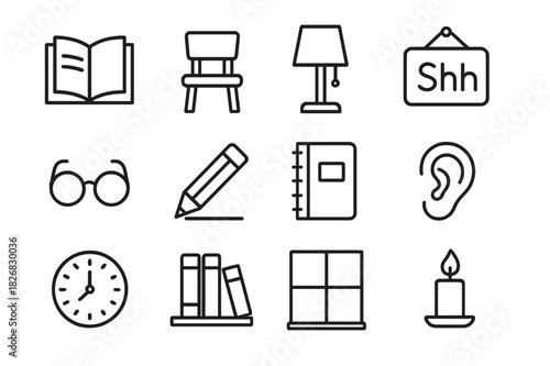 Library Silence Icons. Library silence. Line icon set of library silence: book, chair, lamp, sign ?shh?, glasses, pencil, notebook, ear, clock, shelf, window,