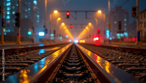 Low angle view down illuminated train tracks leading toward a city's distant blurred lights at dusk