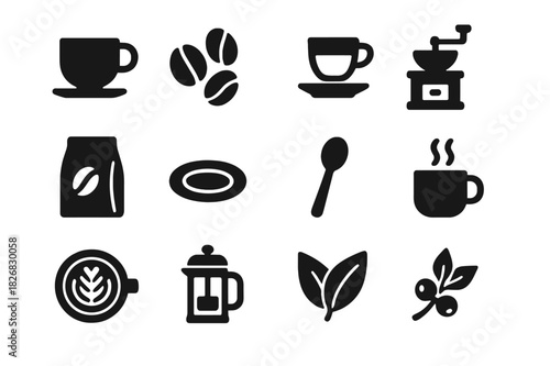 Coffee Icons Collection. Coffee shop. Solid icon set of Coffee shop: coffee cup, coffee beans, espresso shot, coffee grinder, coffee bag, saucer, spoon,