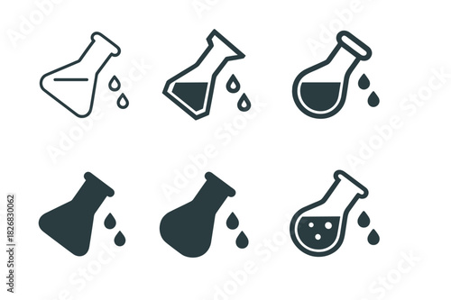 Flask Logo Variations. Flasks. Icon set. Set Logo of flasks: tilted pouring flask. harmonious logo variations of the same emblematic concept, each with