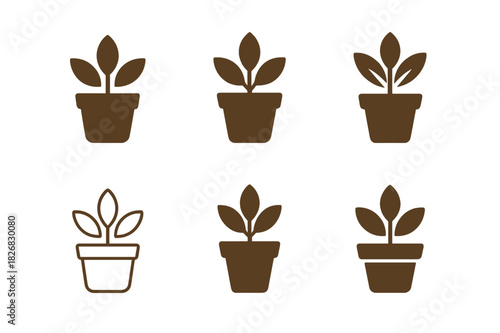 Potted Plant Logos. potted plants. Icon set. Set Logo of potted plants: herbs in clay pot. harmonious logo variations of the same emblematic concept, each with