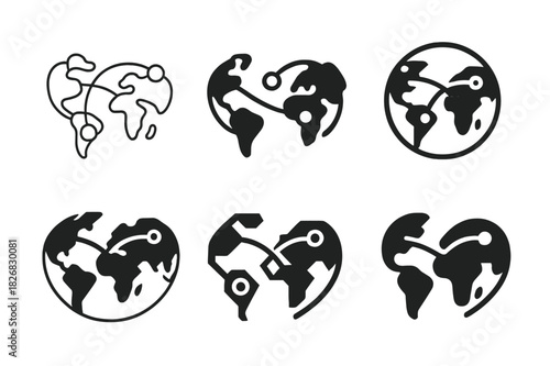 Long-Distance Logos. Long-Distance Relationships and Communication. Icon set. Set Logo of Long-Distance Relationships and Communication: world map with