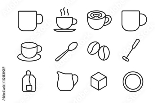 Coffee Icon Set. Coffee Mug. Line icon set of Coffee Mug: ceramic mug, steaming cup, latte art, handle, saucer, spoon, coffee beans, frother, tea bag, milk