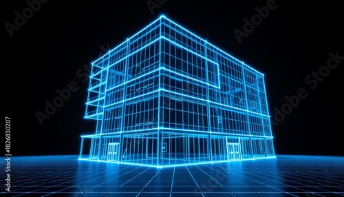 Blue neon wireframe rendering of a modern commercial office building structure on a grid