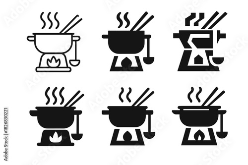 Hot Pot Logo Variations. Preparing a hot pot or fondue for a social meal with friends. Icon set. Set Logo of Preparing a hot pot or fondue for a social meal