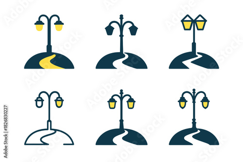 Streetlight Logo Variations. Streetlights at night. Icon set. Set Logo of streetlights: urban lamppost silhouette. harmonious logo variations of the same