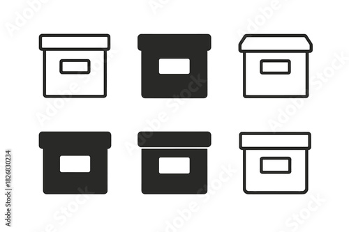 Storage Box Logos. Labeling storage boxes. Icon set. Set Logo of labeling storage boxes: labeled cardboard box. harmonious logo variations of the