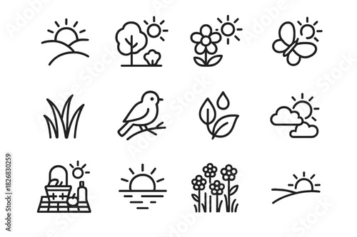 Sunshine Nature Icons. Sunshine and nature. Line icon set of sunshine and nature: sun over hills, tree and sun, blooming flower, butterfly in sun, grass