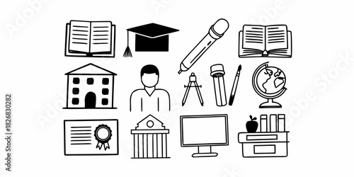 A collection of hand-drawn doodle-style medical and healthcare icons, including a stethoscope, ambulance, and heart symbol, isolated on a white background